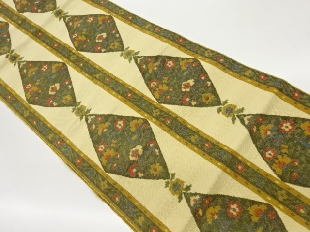 手織り紬縞に菱・草花模様織出し名古屋帯